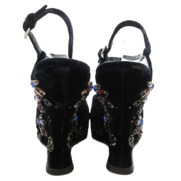 Prada Velor Wedge Sole Sandals High Heel Platform Bijou Strap 37.5 Black GV • - Picture 3 of 9